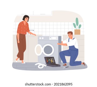 Worker Fixing Broken Washing Machine. Master From Emergency Repair Service Help Woman With Home Appliance. Repairman Working With Tools. Flat Vector Illustration Isolated On White Background