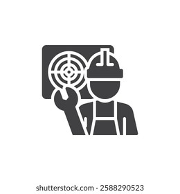 Worker fixing an HVAC unit with a wrench vector icon. filled flat sign for mobile concept and web design. Emergency HVAC Repair glyph icon. Symbol, logo illustration. Vector graphics