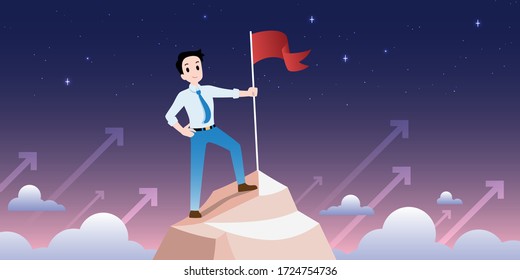 Worker flag on top mountain success career path achievement concept