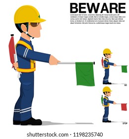 Worker with flag on transparent background