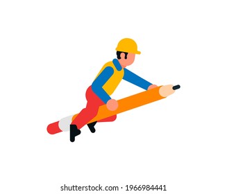 The worker flies on a pencil. Builder and a large pencil. Rocket, flight, rod, eraser. Vector illustration isolated on white background