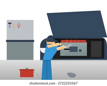 A worker is focused on repairing a machine in a workshop. Tools and equipment are arranged neatly around the workspace. Sunlight comes into the area.