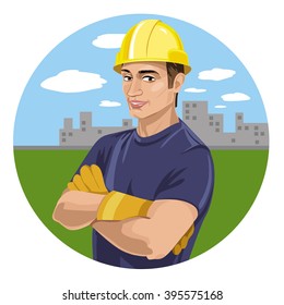 Worker, foreman, athletic man, with crossed arms at a cityscape.