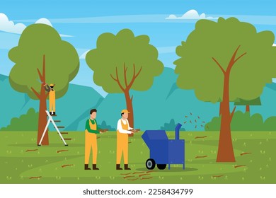 Worker in forest chopping down trees 2d vector illustration concept for banner, website, illustration, landing page, flyer, etc