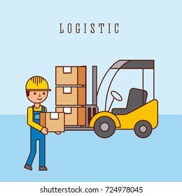 worker forklift with cardboard boxes logistic concept