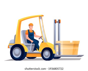 Worker in forklifter tractor cartoon character. Handymen loading cardboard boxes. Storehouse employee using forklifter professional equipment. Distribution, logistics, shipment isolated clipart