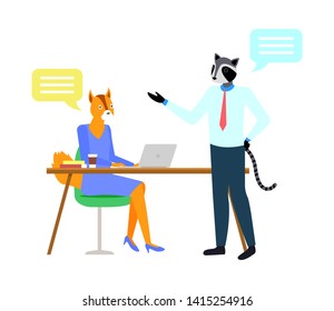 Worker fox sitting at table working with laptop, portrait view of raccoon manager character. Workplace or office with hipster animals, employee vector