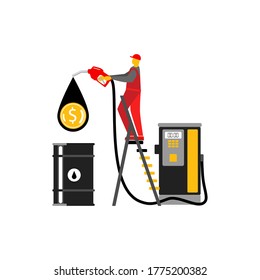 worker with fuel nozzle near a gas station. drop of oil with dollar sign falling into a barrel. Oil industry concept