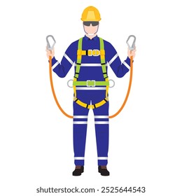 Worker with full body harness, yellow hard hat, and wear pack. Show the double hook for safety inspection.