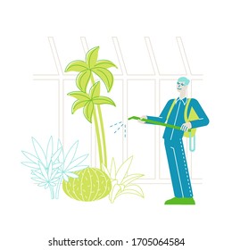 Worker or Gardener Character Spraying Fertilizers in Greenhouse. Male Character Growing, Planting and Caring of Plants in Garden Orchard. Agriculture Farming Industry Hobby. Linear Vector Illustration
