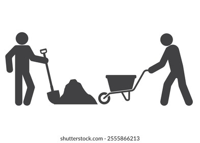 worker gardener person for earthwork with wheelbarrow cart and shovel dig load ground icon