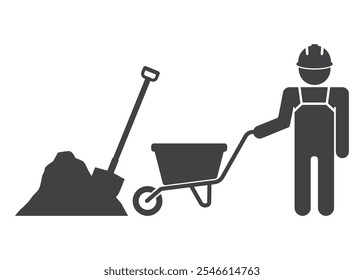 worker gardener person with wheelbarrow cart and shovel loading ground icon