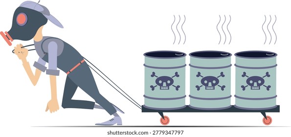 Worker in the gas mask drags a cart with toxic agent. 
Man in the gas mask drags barrels with toxic agents on the trolley
