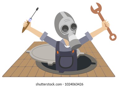 Worker in the gas mask with a spanner and screwdriver in the hands appears out from the sewer manhole illustration vector