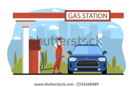 Worker at gas station concept. Man in uniform fills cars gas tank with gasoline. Fuel and energy. Blue vehicle and automobile. Refueling of transport. Cartoon flat vector illustration