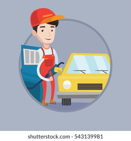 Worker of gas station filling up fuel into the car. Worker in workwear at the gas station. Gas station worker refueling a car. Vector flat design illustration in the circle isolated on background.