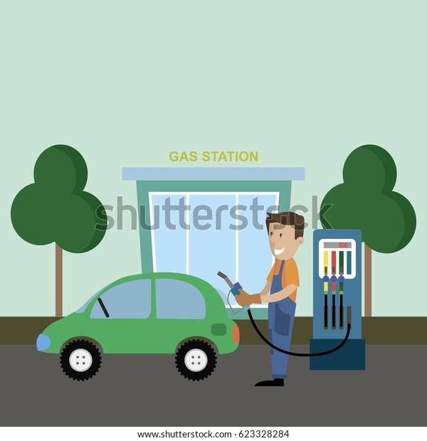 Worker gas  stations serving the car. vector\
illustration 