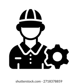 Trabalhador com ícone de linha de engrenagens representando reparação mecânica e automotiva.