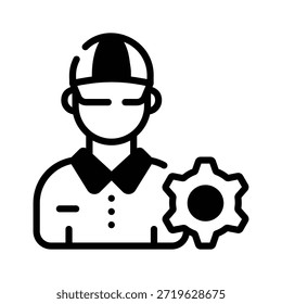 Trabalhador com ícone de linha de engrenagens representando reparação mecânica e automotiva.