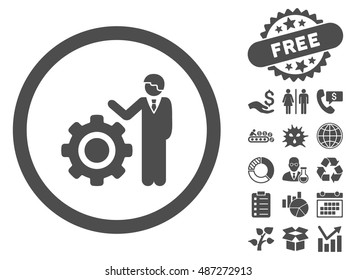 Worker Gear Show icon with free bonus pictograph collection. Vector illustration style is flat iconic symbols, gray color, white background.