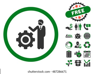 Worker Gear Show icon with free bonus pictogram. Vector illustration style is flat iconic bicolor symbols, green and gray colors, white background.