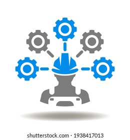 Worker with gears icon vector. Roles and responsibility symbol. Worker procedure, operations, function, duty, task illustration.