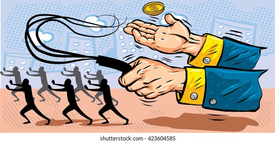 Worker get robbery, slave labor. Vector illustration, hand with whip. Debt. Pay check or salary.