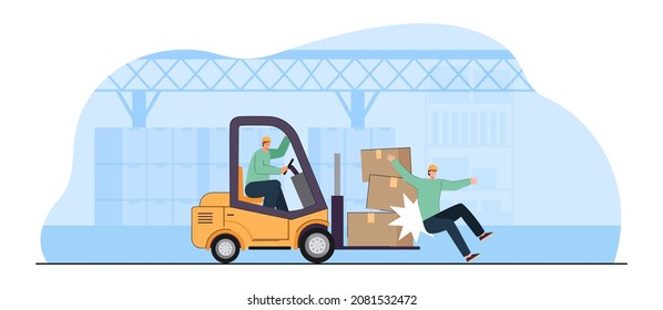 Worker Getting Injured In Warehouse. Forklift Driver Crashing Into Colleague, Injury Compensation Flat Vector Illustration. Factory Accident, Insurance Concept For Banner Or Landing Web Page