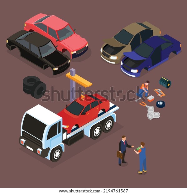 Worker getting money for junk\
automobile removal isometric 3d vector illustration concept for\
banner, website, illustration, landing page, flyer,\
etc.