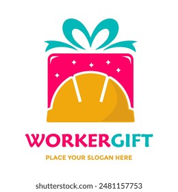 Worker gift box with ribbon vector logo template. Suitable for present.