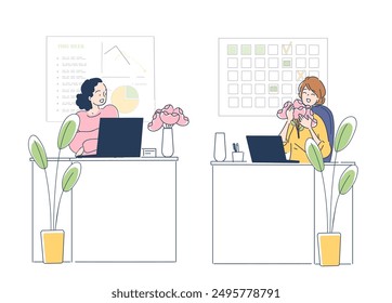 Worker with gifted bouquet. Women in office sitting with flowers in vase. Romantic gift, present or surprise. Happy girlfriend at workplace. Linear vector illustration isolated on white background