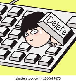 A Worker Girl With Cheeky Face Remove Herself From Computer Via Delete Button On Keyboard Concept Card Character illustration