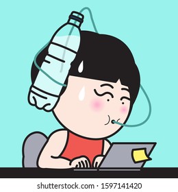 Worker Girl Drinking Water From A Bottle On Her Head Band While Working Busy Concept Card Character illlustration