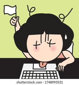 A Worker Girl Giving Up. Woman Raising The White Flag And Surrendering While Working On Laptop Or Personal Computer Concept Card Character illustration