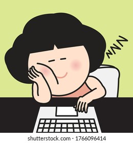 A Worker Girl Napping. Woman Resting Her Cheek On Hands While Working On Laptop Or Personal Computer Concept Card Character illustration