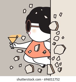 A Worker Girl Run Pass A Broken Wall Of The Office With A Glass Of Cocktail In Her Hand On Friday Concept Card Character illustration