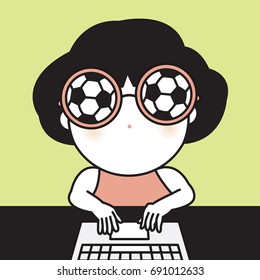 A Worker Girl Working On Laptop Personal Computer With Her Soccer Ball Shaped Sun Glasses  Concept Card Character illustration