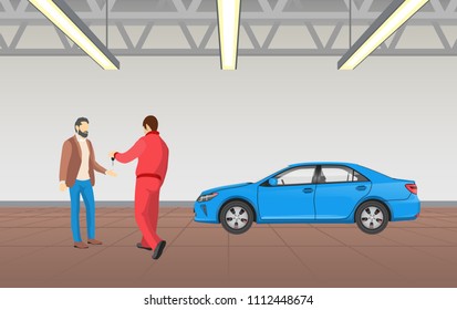 Worker giving keys to client and owner of blue repaired car, auto mechanic completed working task in garage final stage process vector illustration