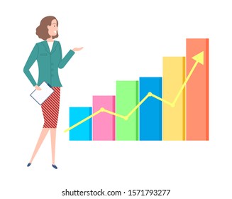 Worker giving presentation vector, infographic flat style, woman wearing formal clothes showing growing arrowhead, business concept and project results