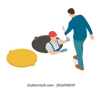 Worker is giving a wrench to a plumber .The Plumber is working in a hatch and man is helping him. 