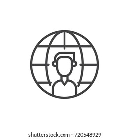 Worker and globe line icon, outline vector sign, linear style pictogram isolated on white. Symbol, logo illustration. Editable stroke