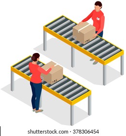 Worker Goods Packaging With Boxes At Packing Line In Factory. Workers In Warehouse Preparing Goods For Dispatch.  Flat 3d Isometric Vector Illustration. 