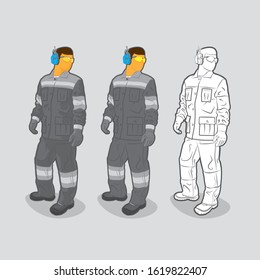 Worker in gray protective uniform and protective headphones and goggles