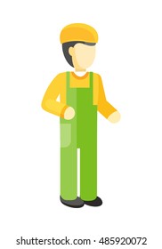 Worker in green uniform and orange helmet. Construction worker. Worker silhouette professional industrial repairman. Worker icon. Isolated vector illustration on white background.