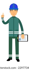 un trabajador con uniforme verde con un informe en sus manos