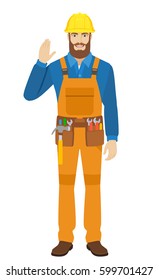 Worker greeting someone with his hand raised up. Full length portrait of worker in a flat style. Vector illustration.