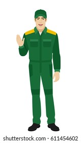 Worker greeting someone with his hand raised up. Full length portrait of Delivery man or Worker in a flat style. Vector illustration.