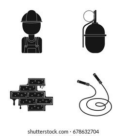 Worker, grenade and other web icon in black style. masonry, rope icons in set collection.