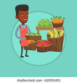 Worker of grocery store standing in front of section with vegetables and fruits. Worker of grocery store holding a box with apples. Vector flat design illustration in the circle isolated on background