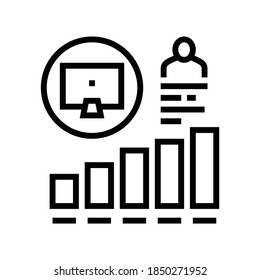 worker with growing graph indicators, line icon vector. Worker and growing indicators chart sign. isolated contour symbol black illustration